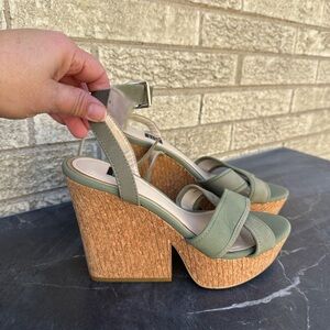 White House Black Market 'Clover' high wedge cork sandals in sage green 7.5